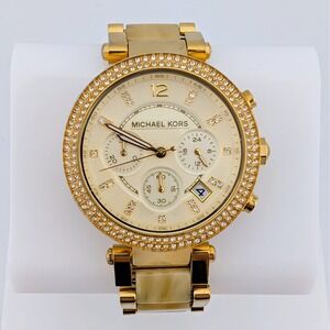 Michael Kors Parker MK5632 Gold Tone Crystal Bezel Horn Acetate Chrono Watch